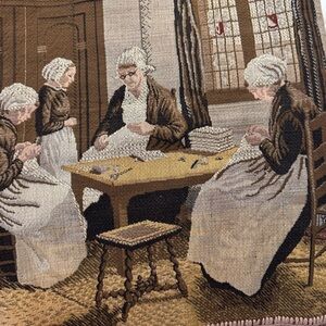 Vintage French Tapestry Pictorial Wall Decor  64” X 23” Chateau Women Sewing